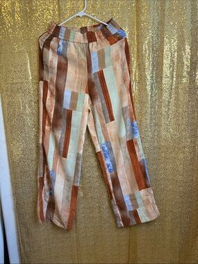 Wide-Leg Patchwork Stripe Pants in Brown & Tan